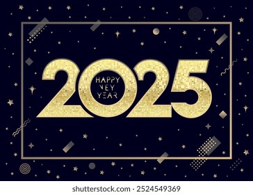 Happy New Year 2025 golden numbers, memphis style elements and stars. Premium logo concept with gold mosaics logo 2025. Vector calendar design 2025