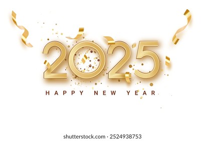 Feliz año nuevo 2025 Números de oro con confeti y cintas sobre fondo blanco. Elegante diseño festivo de la tarjeta de felicitación de Festiva. Celebración Nueva Nochevieja. Navidades Ilustración vectorial Festiva.