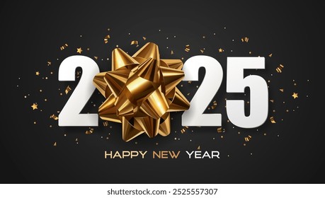 Happy New Year 2025, golden ribbon bow with white numbers on a dark gray background. Golden confetti. Holiday banner, calendar and poster