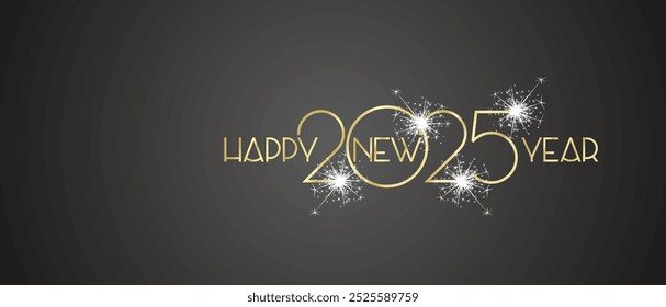 Happy New Year 2025 golden shining light typography logo white sparkle firework black background greeting card