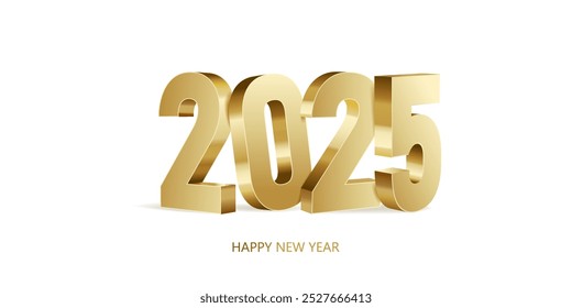 Happy New Year 2025. Golden 3D numbers isolated on a white background. Holiday greeting card design. 