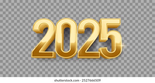 Happy new year 2025. Golden 3D numbers isolated on transparent background. Holiday greeting card design.