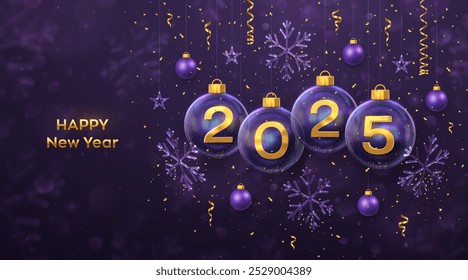 Happy New Year 2025. Golden metal 3D numbers 2025 in transparent glass bauble. Hanging Christmas balls, ice snowflakes and stars, confetti. Greeting card, poster, banner, flyer. Vector Illustration.