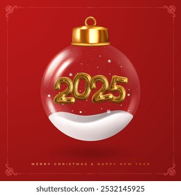 Happy New Year 2025! Golden numbers inside glass Christmas balls hanging on ribbon. Realistic 3D image of metal sign.