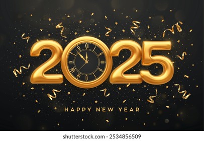 Happy New Year 2025. Golden metallic numbers 2025, gold watch with Roman numeral and countdown midnight, eve for New Year. Merry Christmas and Happy New Year 2025 greeting card. Vector illustration.