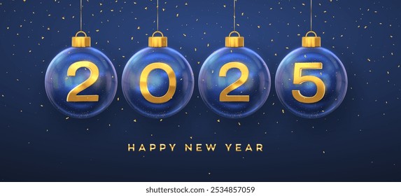 Happy New Year 2025. Golden metal 3D numbers 2025 in glass bauble. Hanging Christmas balls and glitter confetti. Greeting card. Holiday Xmas and New Year poster, banner, flyer. Vector Illustration.