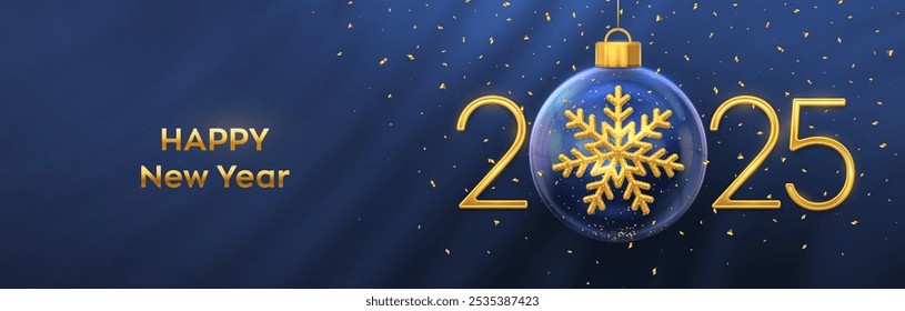 Happy New Year 2025. Golden metal 3D numbers 2025 with gold shining 3D snowflake in a Christmas glass bauble. Greeting card. Holiday Xmas and New Year poster, banner, flyer. Vector Illustration.