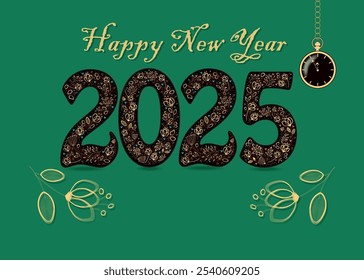 Happy New Year 2025 with golden floral decor. Graceful flowers and hearts, yellow text. Two big flowers frame the number. A pocket golden watch shows five to twelve o'clock