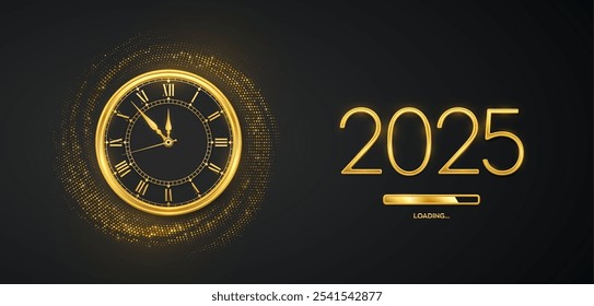 Happy New Year 2025. Golden metallic numbers 2025, gold watch with Roman numeral and countdown midnight with loading bar on shimmering background. Bursting backdrop with glitters. Vector illustration.