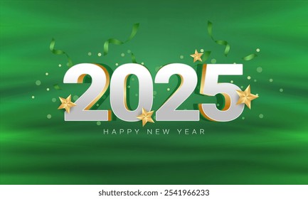 Happy new year 2025 golden text on dark background with fireworks. poster, social media post, greeting card, vector illustration