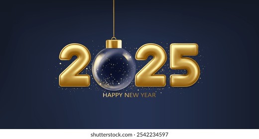 Feliz año nuevo 2025. Números de oro con bola de Navidad transparente y confeti, diseño de tarjeta de felicitación de vacaciones.