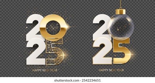 Happy new year 2025. Golden numbers with transparent Christmas ball and confetti, isolated on transparent background.