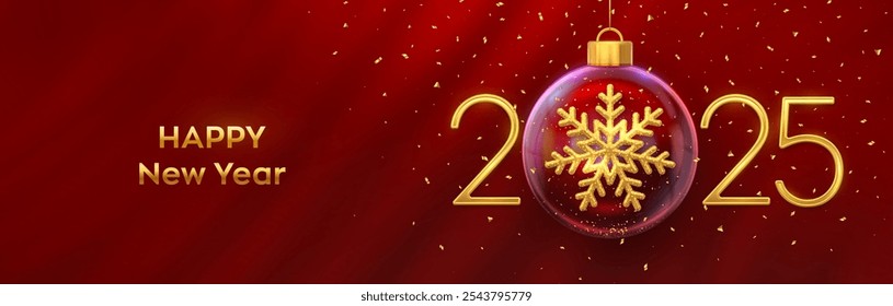 Happy New Year 2025. Golden metal 3D numbers 2025 with gold shining 3D snowflake in a Christmas glass bauble. Greeting card. Holiday Xmas and New Year poster, banner, flyer. Vector Illustration.