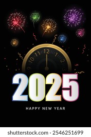 Happy New Year 2025 goldene Uhr mit Feuerknacker Vektorposter