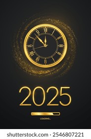 Happy New Year 2025. Golden metallic numbers 2025, gold watch with Roman numeral and countdown midnight with loading bar on shimmering background. Bursting backdrop with glitters. Vector illustration.