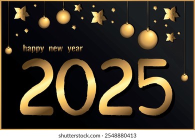 Happy New Year 2025. Golden numbers on black background decorated with star confetti and festive balls. Hand drawn vector illustration