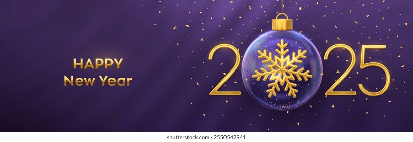 Happy New Year 2025. Golden metal 3D numbers 2025 with gold shining 3D snowflake in a Christmas glass bauble. Greeting card. Holiday Xmas and New Year poster, banner, flyer. Vector Illustration.