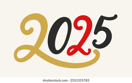 Feliz ano novo 2025 banner dourado, poster, modelo de design de cartão de saudação. Letras Manuais. Ilustração vetorial com números bonitos, estilo retro