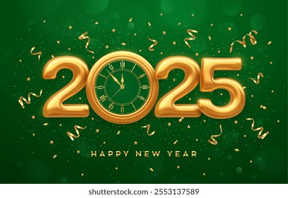 Feliz año Nuevo 2025. Números metálicos dorados 2025, reloj de oro con número romano y cuenta regresiva medianoche, víspera del Año Nuevo. Feliz Navidades y feliz año Nuevo 2025 tarjeta de felicitación. Ilustración vectorial.