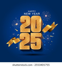 Happy new year 2025 golden luxury number and rebbon design on blue background. New Start, launch and opning post conncept.