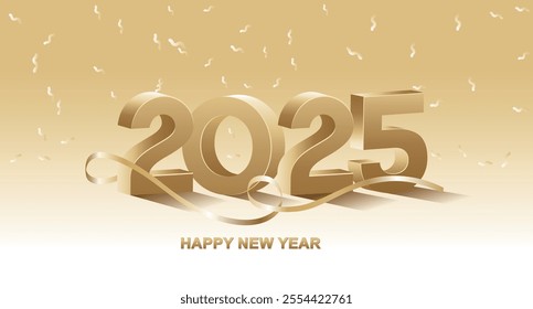 Happy New Year 2025. Golden 3D Numbers With Confetti On a White Background.