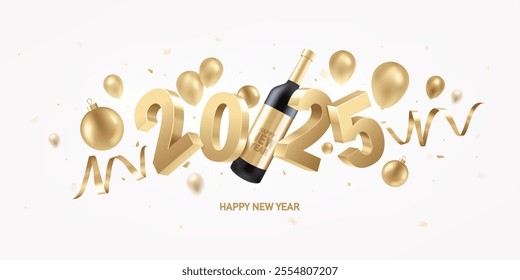 Happy New Year 2025. Golden 3D numbers with ribbons, balloons, bottle of wine and Christmas decoration on a white background. Celebration background.