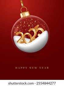 Happy New Year 2025. Golden volumetric numbers lie on the snow inside a transparent Christmas tree ball on a red background. Golden elegant text. Elegant minimalist design