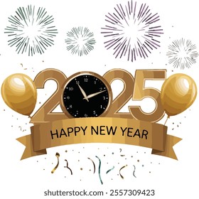 Happy New Year 2025. Golden metallic numbers 2025, gold watch with Roman numeral and countdown midnight, eve for New Year.