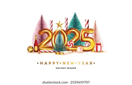 Happy New Year 2025. Golden metal number on white background. Realistic 3d render sign. Festive realistic decoration. Celebrate party 2025, Web Poster, banner, cover card, brochure, flyer, layout, etc