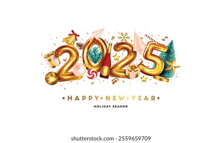 Happy New Year 2025. Golden metal number on white background. Realistic 3d render sign. Festive realistic decoration. Celebrate party 2025, Web Poster, banner, cover card, brochure, flyer, layout, etc