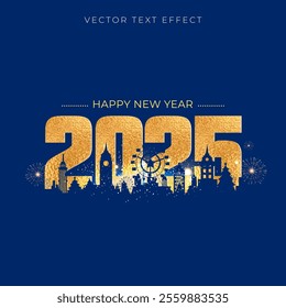 Happy New Year 2025 golden number greeting with modern futuristic city skyline.