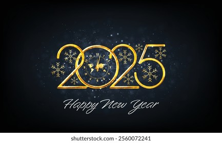 Happy New Year 2025. Golden metal number on dark background. Festive realistic decoration. Web Poster, banner, cover card, brochure, flyer, layout. Vector 3d illustration