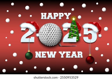 Happy new year. 2025 with golf ball. Numbers in Christmas hats with golf bat and Christmas tree ball. Original template design for greeting card. Vector illustration on isolated background