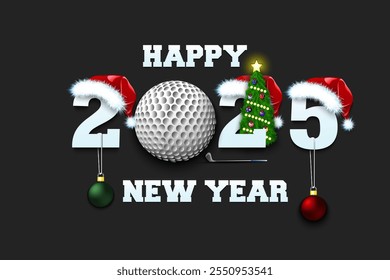 Happy new year. 2025 with golf ball. Numbers in Christmas hats with golf bat and Christmas tree ball. Original template design for greeting card. Vector illustration on isolated background