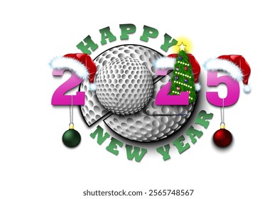 Happy new year. 2025 with golf ball. Numbers in Christmas hats with Christmas tree and balls. Original template design for greeting card. Vector illustration on isolated background