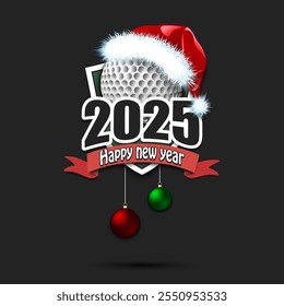 Happy new year 2025. Golfl logo template design. Golf ball in santa hat. Design pattern for greeting card, banner, poster. Vector illustration on isolated background