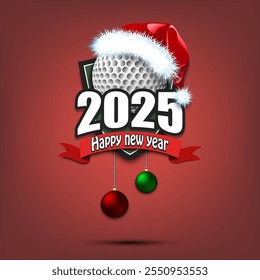 Happy new year 2025. Golfl logo template design. Golf ball in santa hat. Design pattern for greeting card, banner, poster. Vector illustration on isolated background