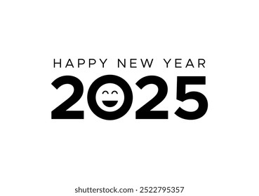 Happy New Year 2025 graphic design with smiling or happy emoji Happy New Year celebration creative logo design with a happy face
