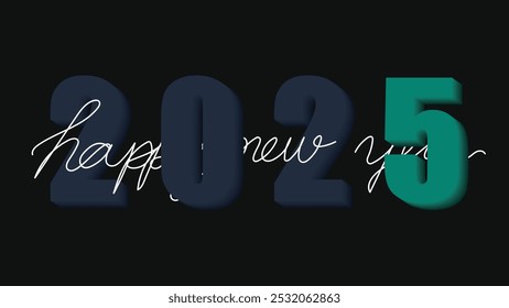 Happy New Year 2025 graphic with dark blue  paired with an elegant cursive 'happy new year' on a black background. Ideal for festive designs and New Year’s greetings.