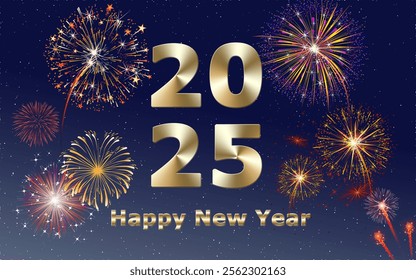 Happy New Year 2025 Graphic Design Banner with gold font. Happy New Year illustration with Fireworks Blue Night Background. Vector Holiday Design for Premium Greeting Card, Party Invitation.