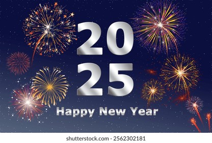 Happy New Year 2025 Graphic Design Banner with silver font. Happy New Year illustration with Fireworks Blue Night Background. Vector Holiday Design for Premium Greeting Card, Party Invitation.