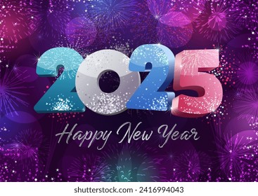 Happy New Year 2025 greeting card concept. Bright number and holiday background. Shiny elements. Festive style. New year eve vector illustration. Creative bold symbol, colorful backdrop. Cute postcard