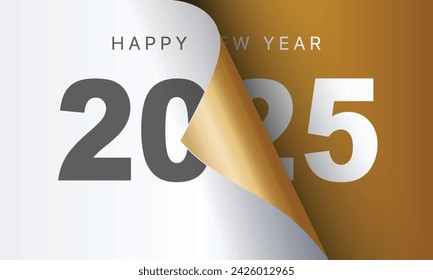 Feliz Año Nuevo 2025 tarjeta de felicitación plantilla de diseño. Finales de 2024 e inicios de 2024. El concepto del comienzo del Año Nuevo. La página del calendario se voltea y comienza el nuevo año.