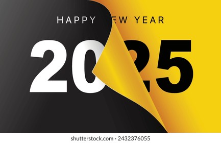 Feliz Año Nuevo 2025 tarjeta de felicitación plantilla de diseño. Finales de 2024 y principios de 2025. El concepto del comienzo del Año Nuevo. La página del calendario se voltea y comienza el nuevo año.