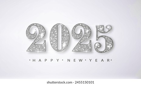 Happy New Year 2025 Greeting Card with Silver Numbers. Merry Christmas Flyer or Poster Design.