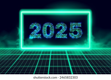 Happy new year 2025 greeting card, numbers from a polygonal wireframe mesh with glowing neon frame. Abstract background. Vector illustration.