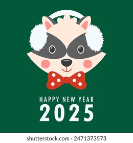 Happy new year 2025 greeting card with cute raccoon in fluffy headphones and polka bow tie. Holiday cartoon character in winter season. Flat vector illustration 