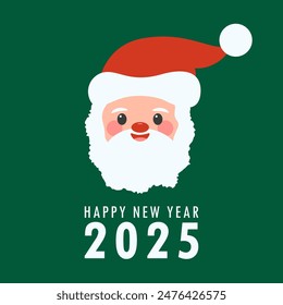 Happy new year 2025 greeting card with cute Santa Claus face. Holiday cartoon character in winter season. Flat vector illustration 