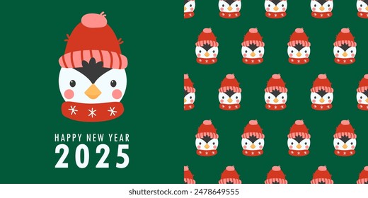 Happy new year 2025 greeting card with cute penguin in knitted hat and scarf. Seamless pattern with penguin. Holiday cartoon character in winter season. Flat vector illustration