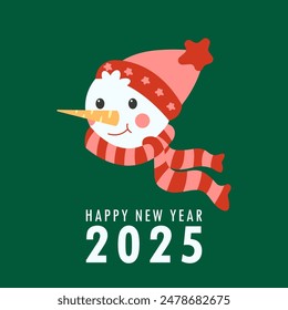 Happy new year 2025 greeting card with cute Snowman in knitted hat and scarf. Holiday cartoon character in winter season. Flat vector illustration 